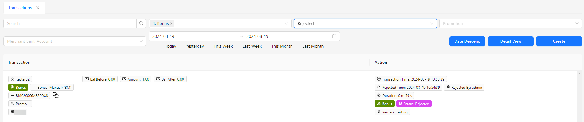 Trasaction with Reject Image