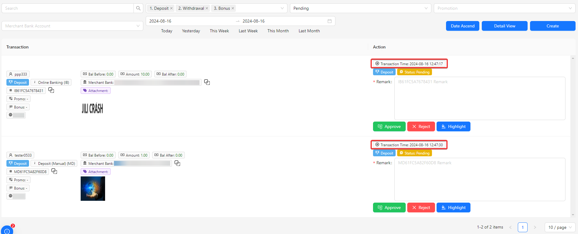 Transaction Listing By Date Ascend/Descend Image